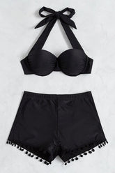 Black Fringe Halter 2pc Swimsuit Areous